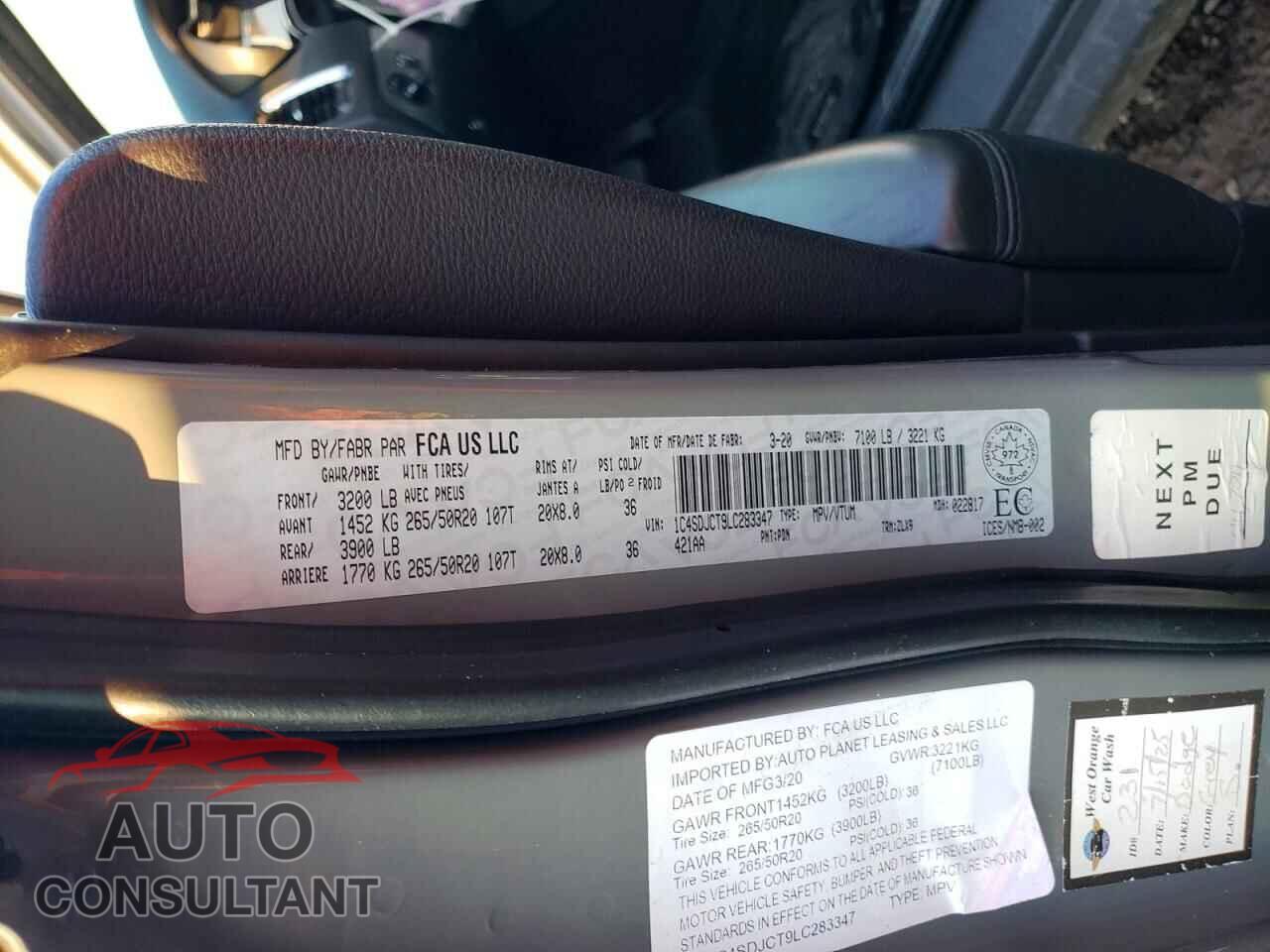 DODGE DURANGO 2020 - 1C4SDJCT9LC283347