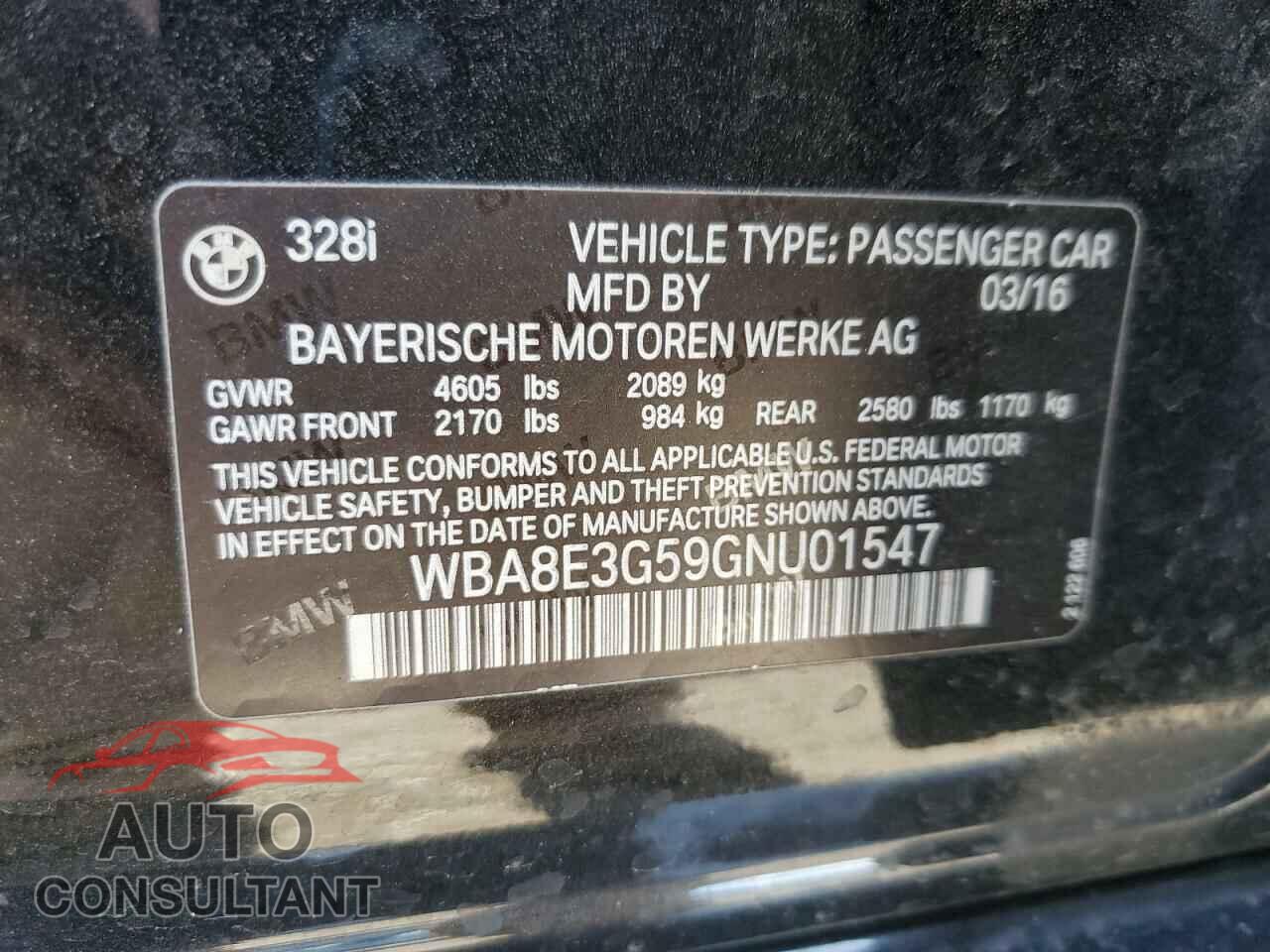 BMW 3 SERIES 2016 - WBA8E3G59GNU01547