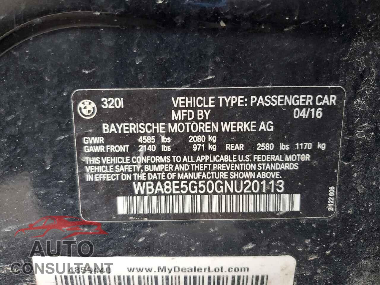 BMW 3 SERIES 2016 - WBA8E5G50GNU20113