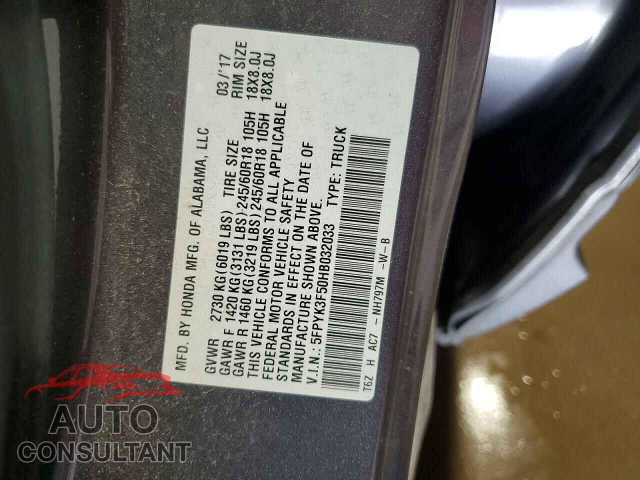 HONDA RIDGELINE 2017 - 5FPYK3F50HB032033