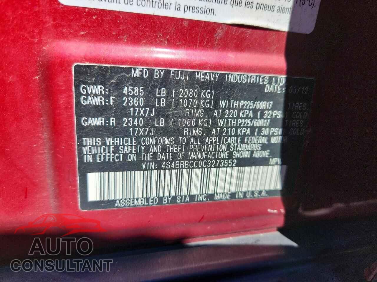 SUBARU OUTBACK 2012 - 4S4BRBCC0C3273552