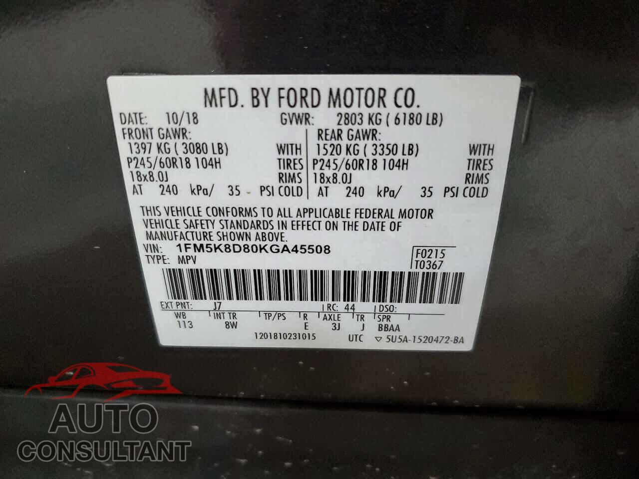 FORD EXPLORER 2019 - 1FM5K8D80KGA45508
