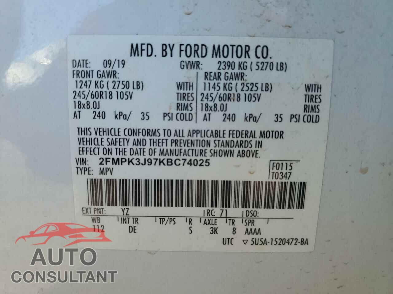 FORD EDGE 2019 - 2FMPK3J97KBC74025