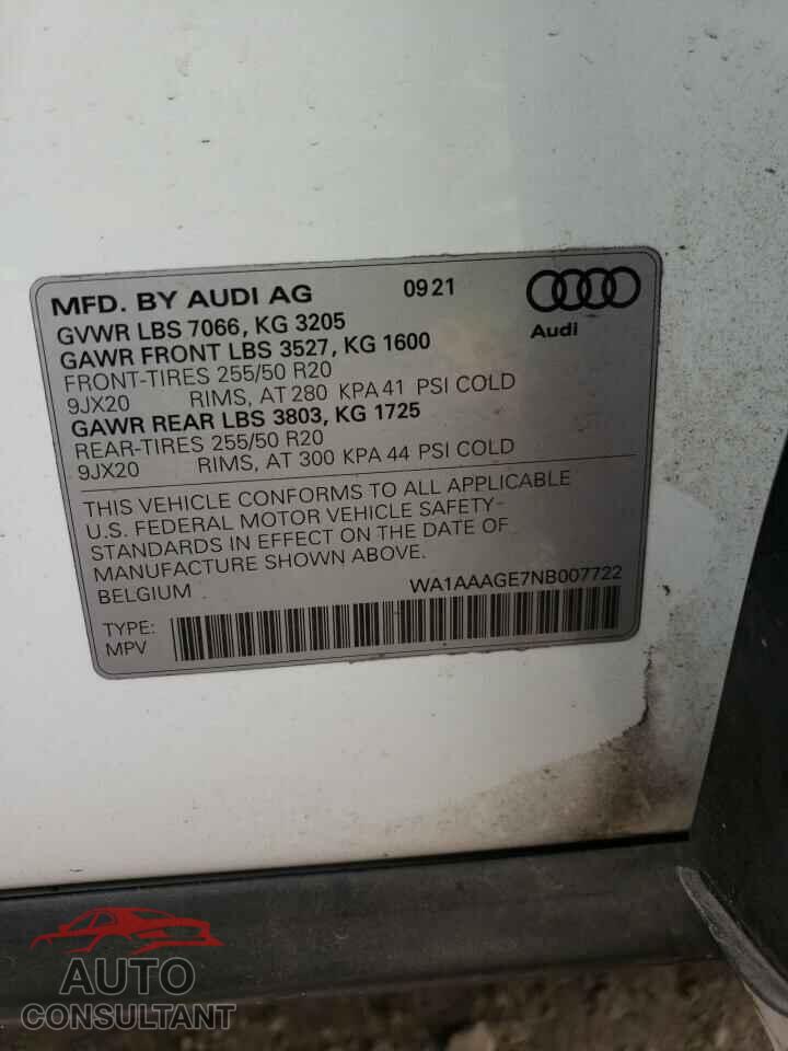 AUDI E-TRON 2022 - WA1AAAGE7NB007722