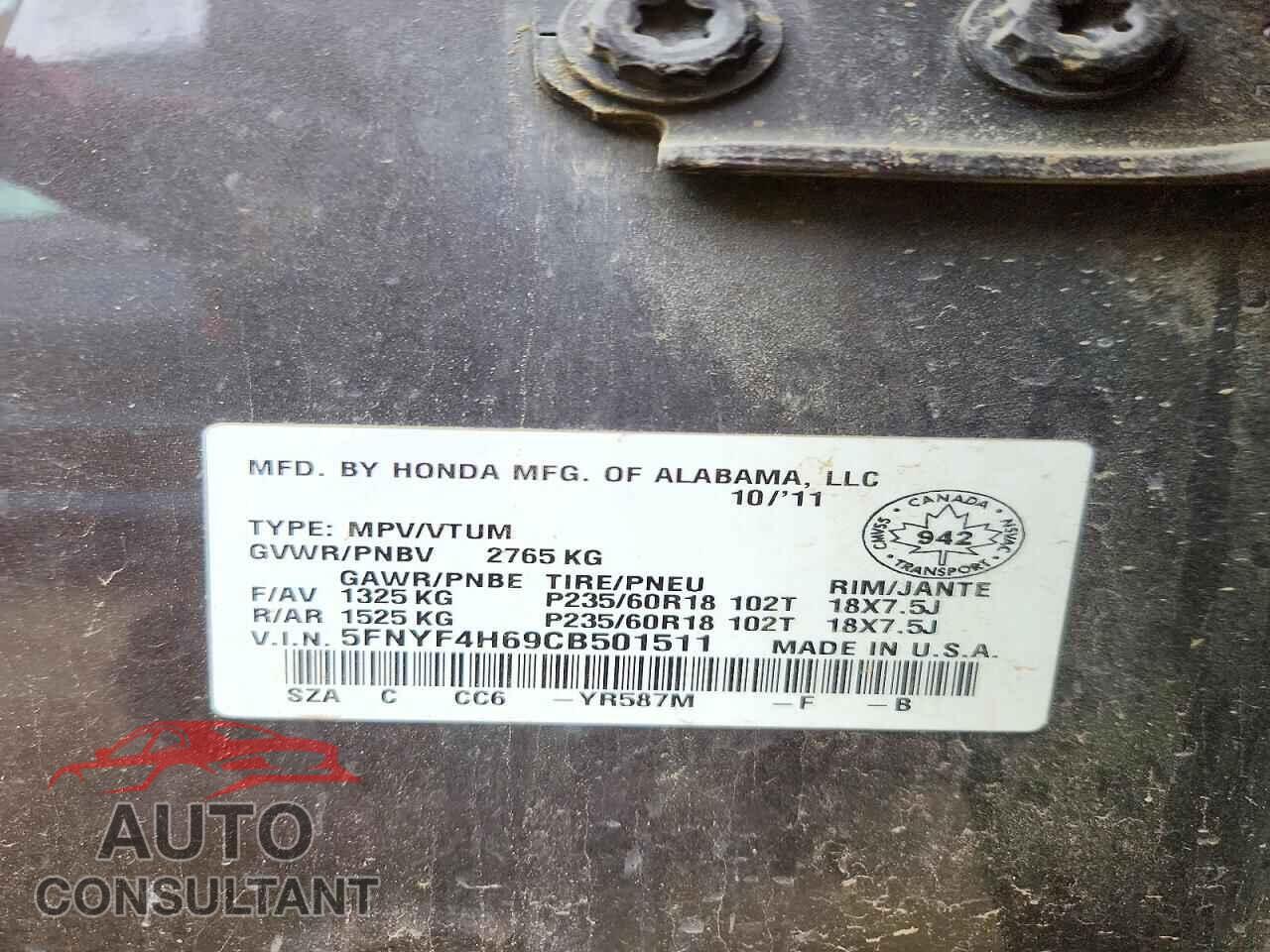 HONDA PILOT 2012 - 5FNYF4H69CB501511
