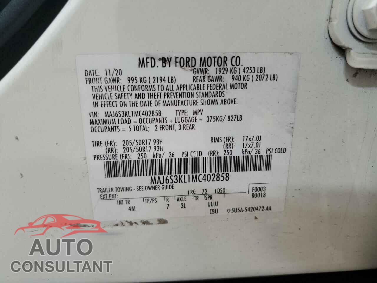 FORD ECOSPORT 2021 - MAJ6S3KL1MC402858
