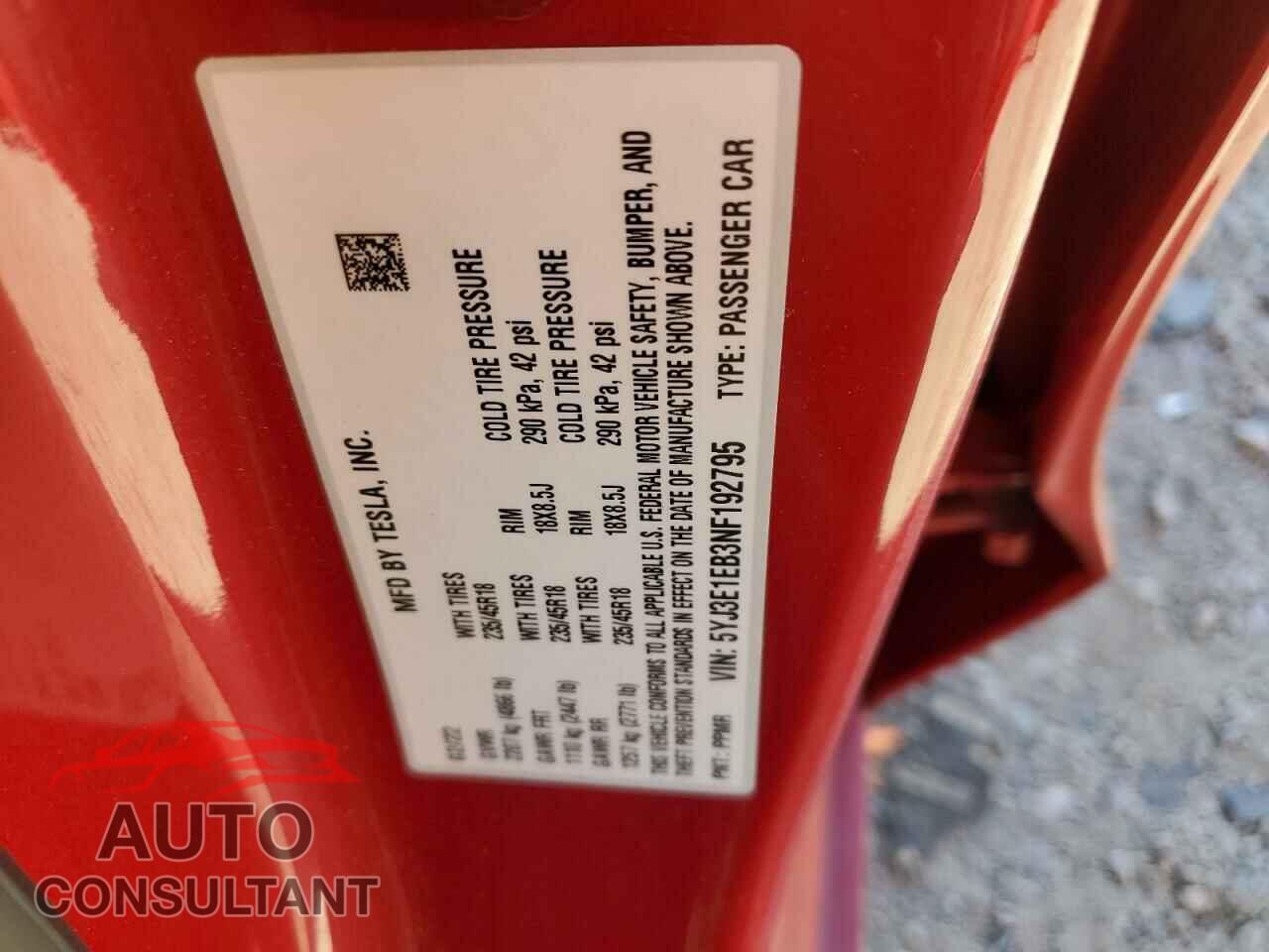 TESLA MODEL 3 2022 - 5YJ3E1EB3NF192795
