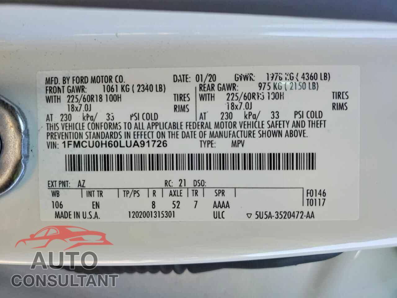FORD ESCAPE 2020 - 1FMCU0H60LUA91726