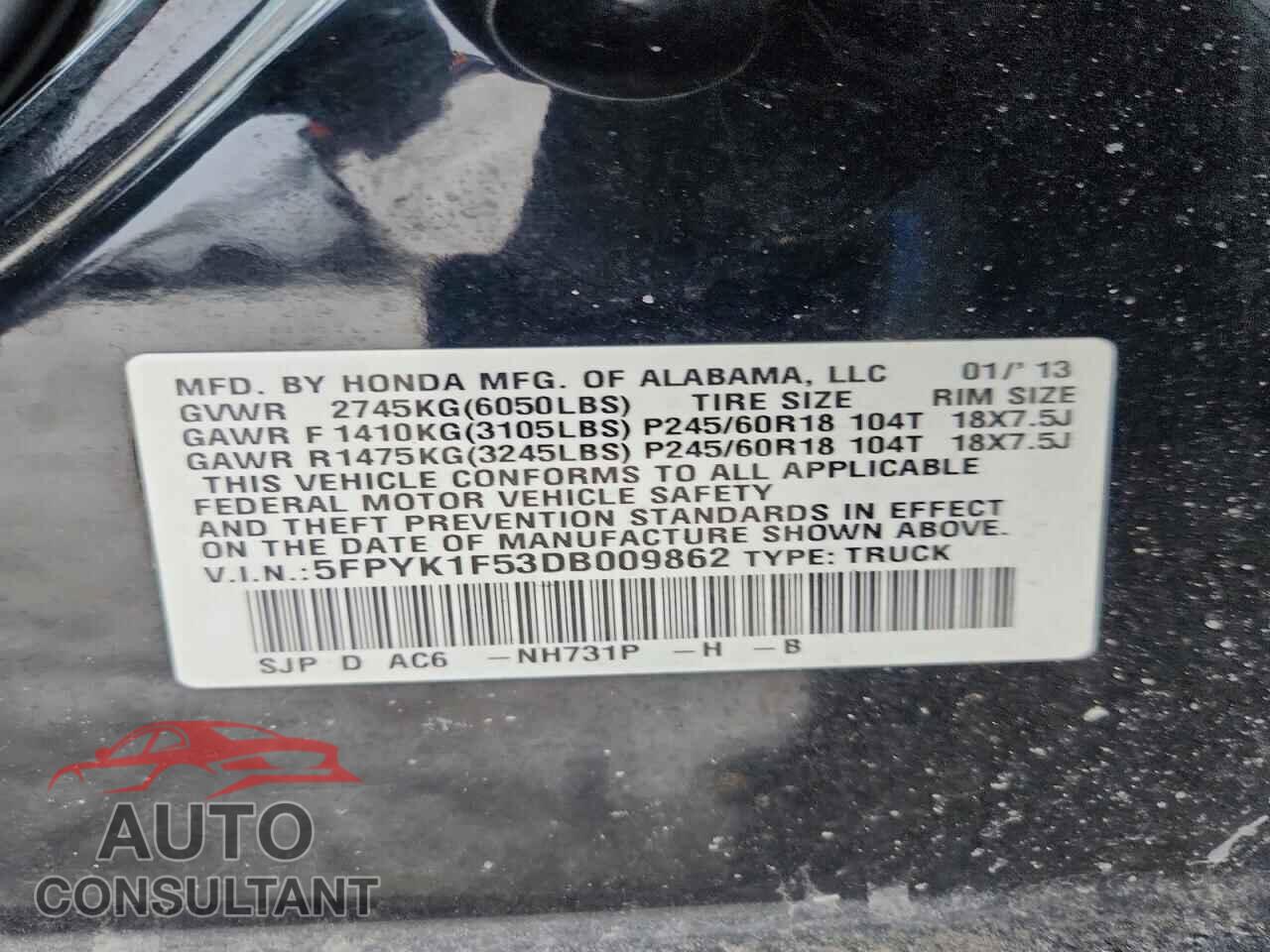 HONDA RIDGELINE 2013 - 5FPYK1F53DB009862