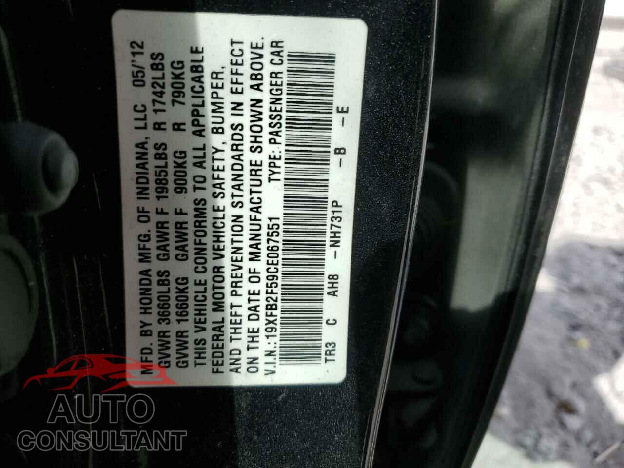 HONDA CIVIC 2012 - 19XFB2F59CE067551
