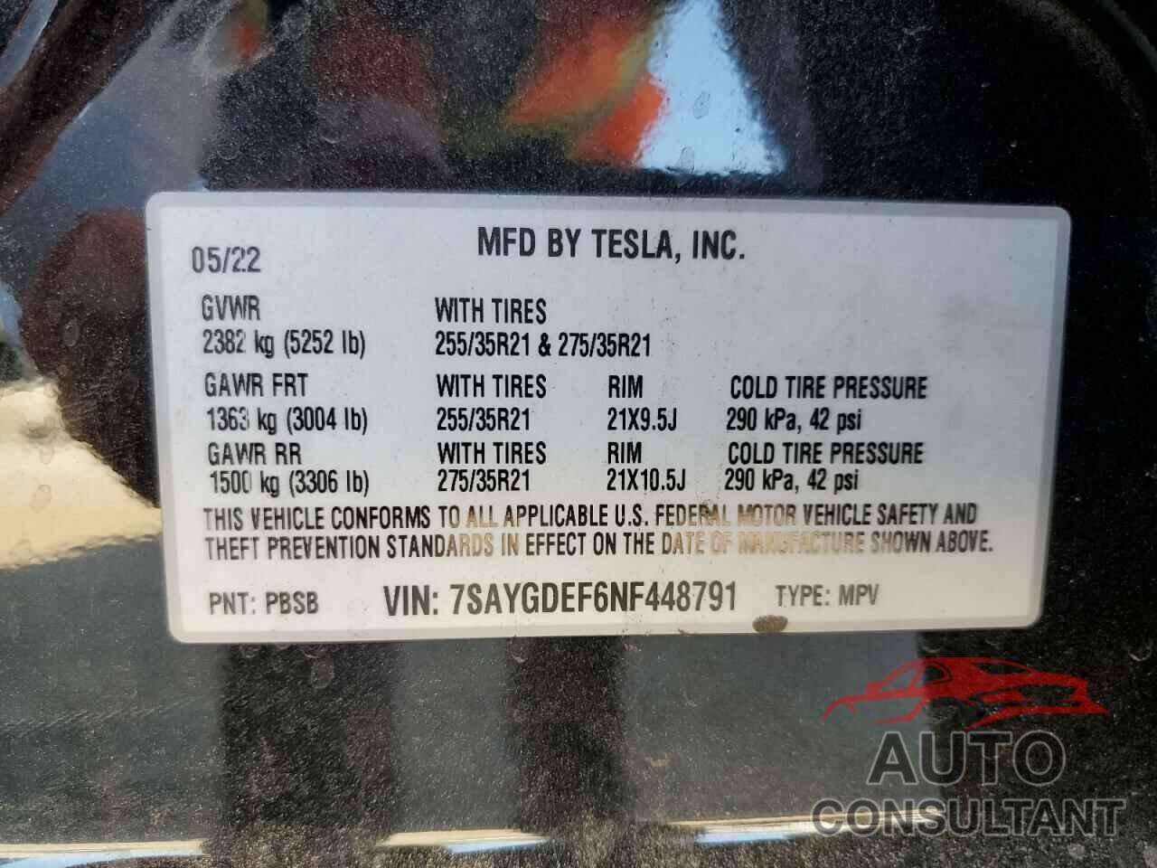 TESLA MODEL Y 2022 - 7SAYGDEF6NF448791