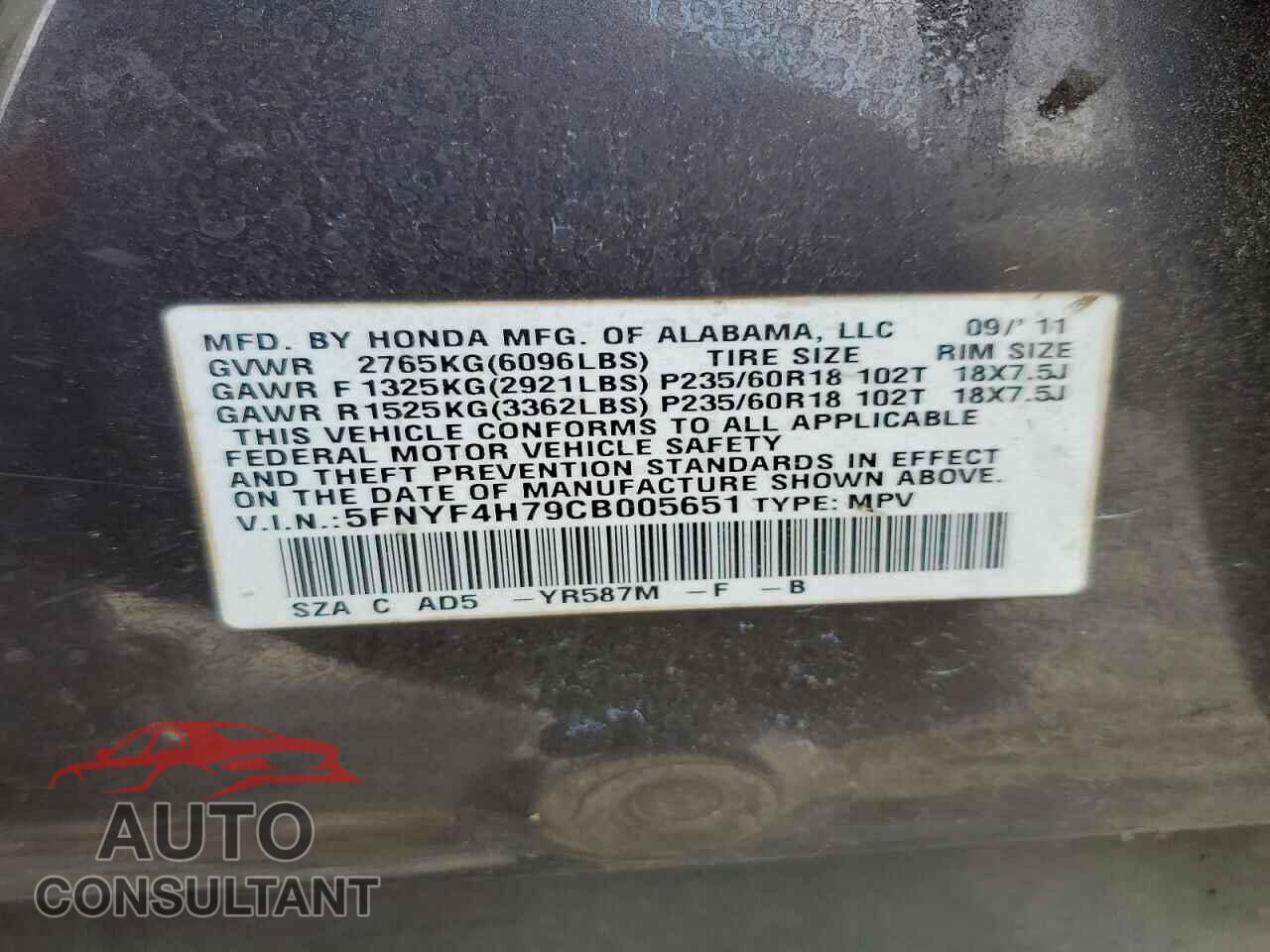 HONDA PILOT 2012 - 5FNYF4H79CB005651