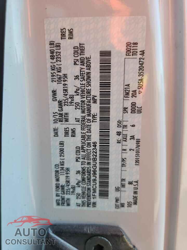 FORD ESCAPE 2016 - 1FMCU9J96GUB22346