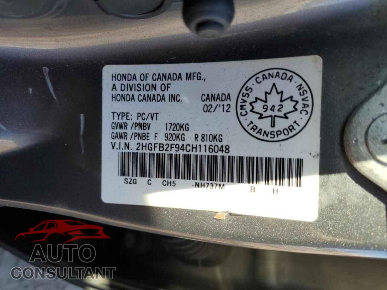 HONDA CIVIC 2012 - 2HGFB2F94CH116048