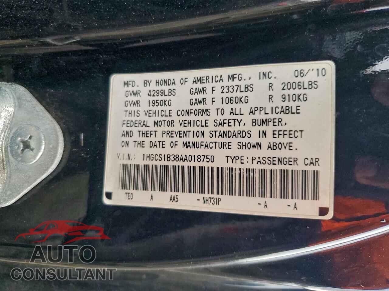 HONDA ACCORD 2010 - 1HGCS1B38AA018750