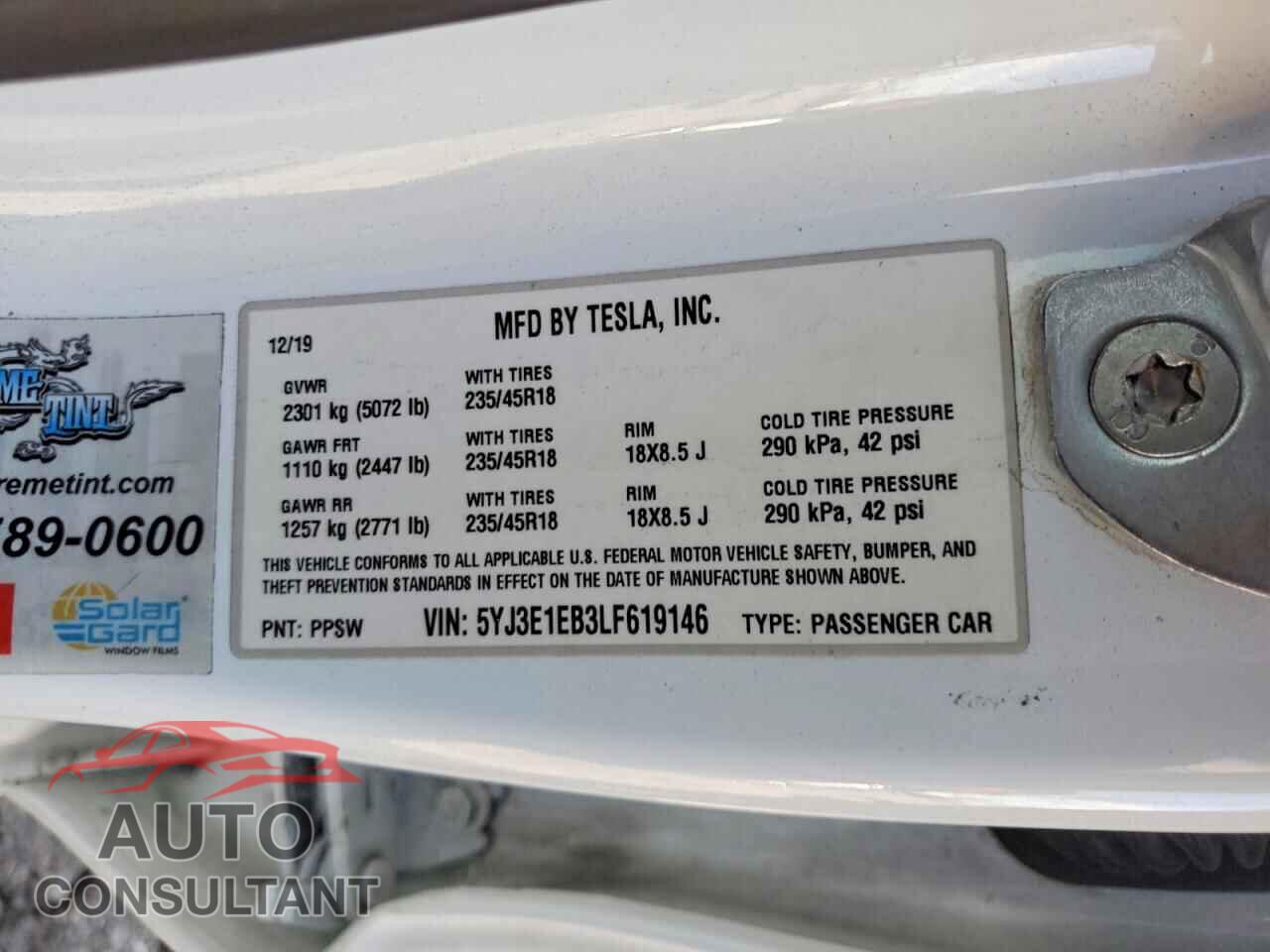 TESLA MODEL 3 2020 - 5YJ3E1EB3LF619146