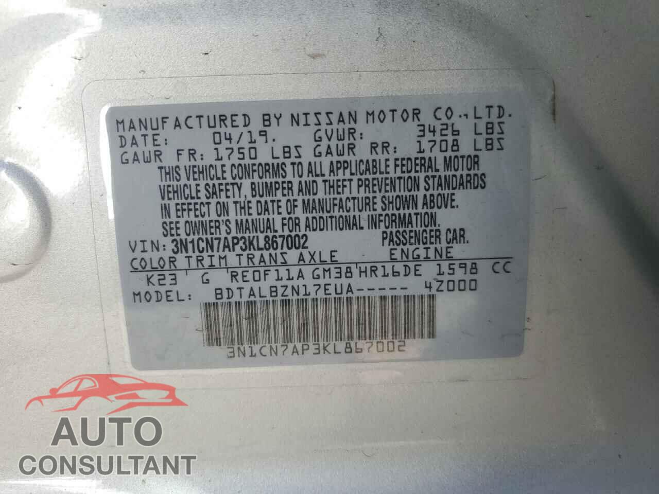 NISSAN VERSA 2019 - 3N1CN7AP3KL867002
