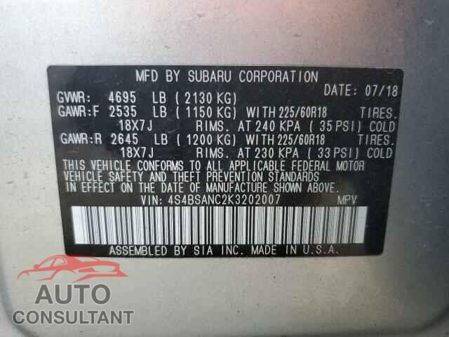 SUBARU OUTBACK 2019 - 4S4BSANC2K3202007