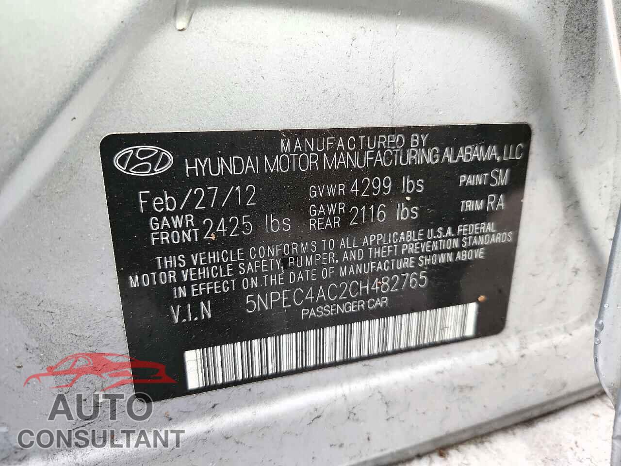 HYUNDAI SONATA 2012 - 5NPEC4AC2CH482765