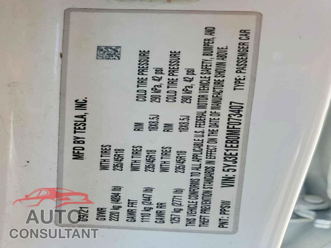 TESLA MODEL 3 2021 - 5YJ3E1EB0MF073407