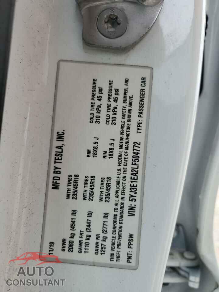 TESLA MODEL 3 2020 - 5YJ3E1EA2LF504772