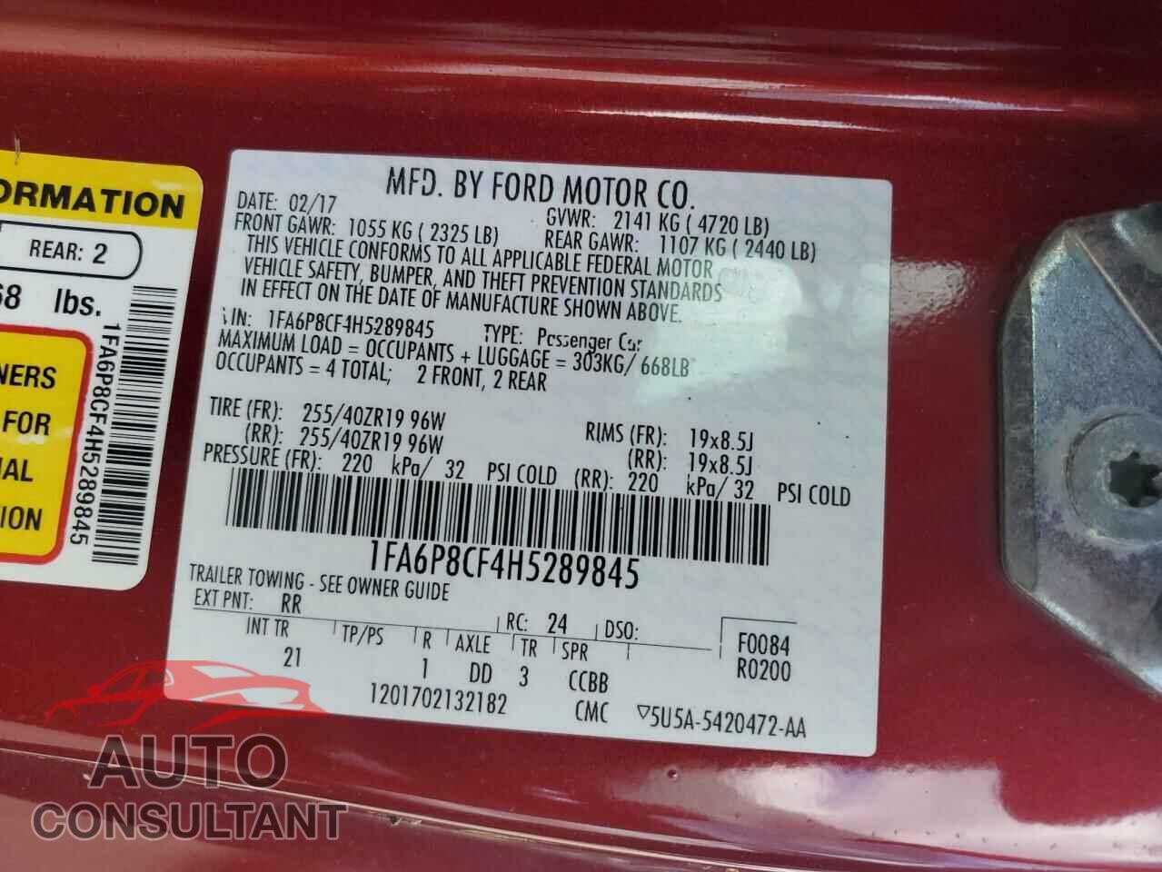FORD MUSTANG 2017 - 1FA6P8CF4H5289845