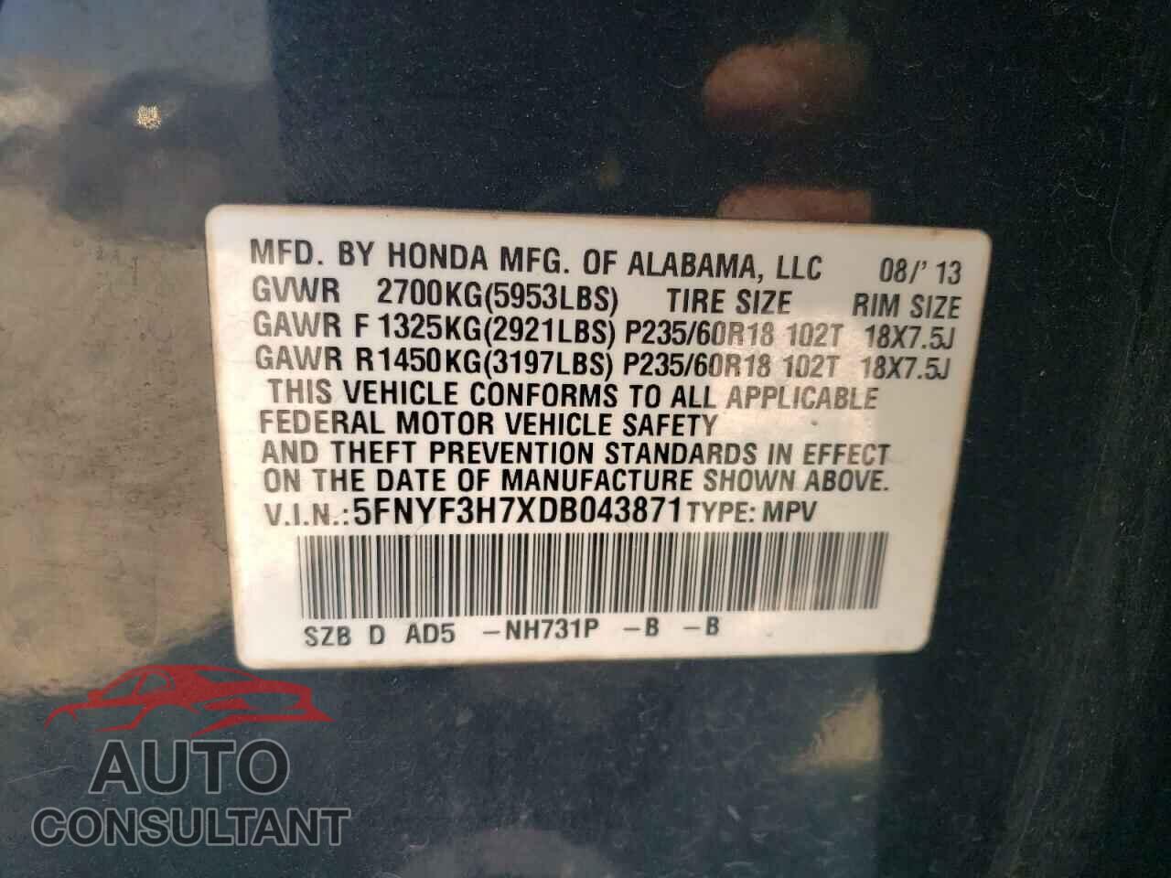 HONDA PILOT 2013 - 5FNYF3H7XDB043871