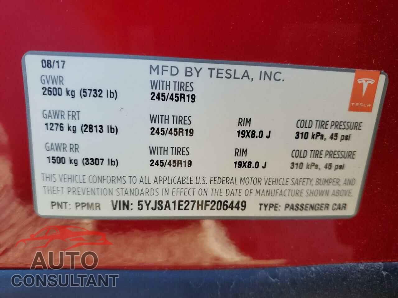 TESLA MODEL S 2017 - 5YJSA1E27HF206449