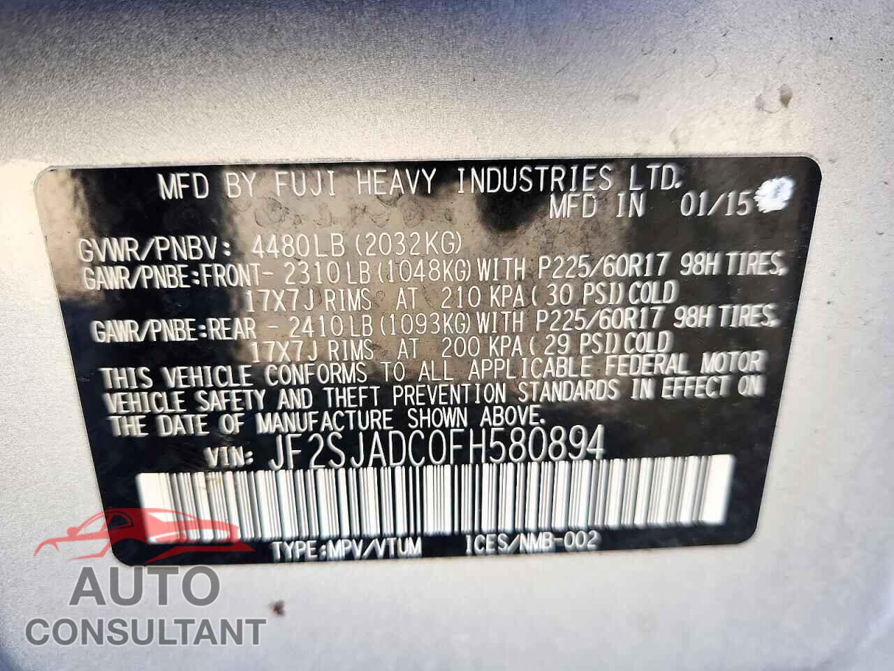 SUBARU FORESTER 2015 - JF2SJADC0FH580894