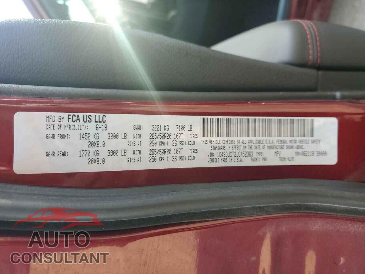 DODGE DURANGO 2018 - 1C4SDJCT2JC452363