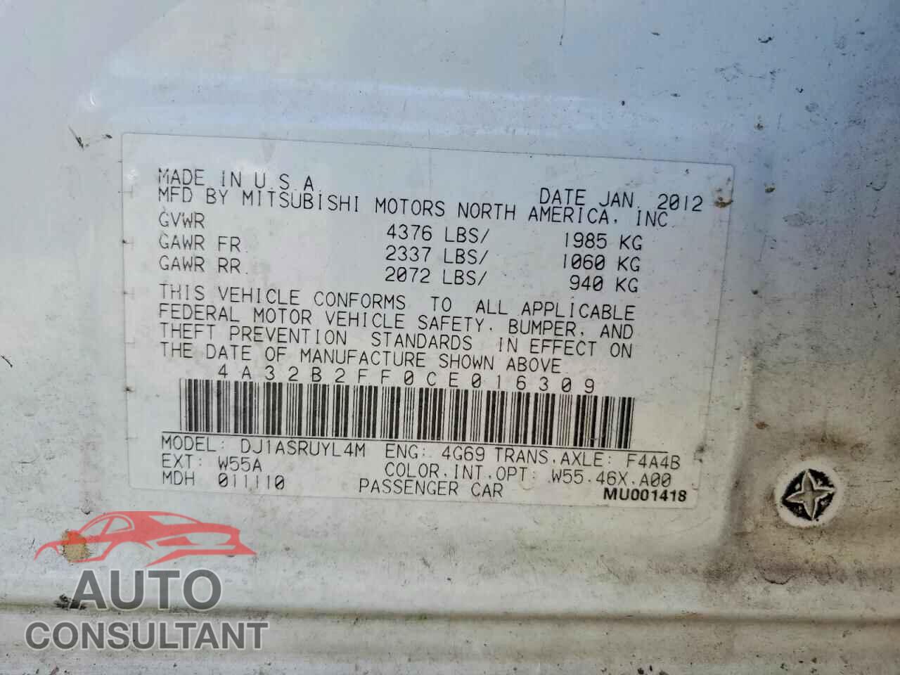 MITSUBISHI GALANT 2012 - 4A32B2FF0CE016309