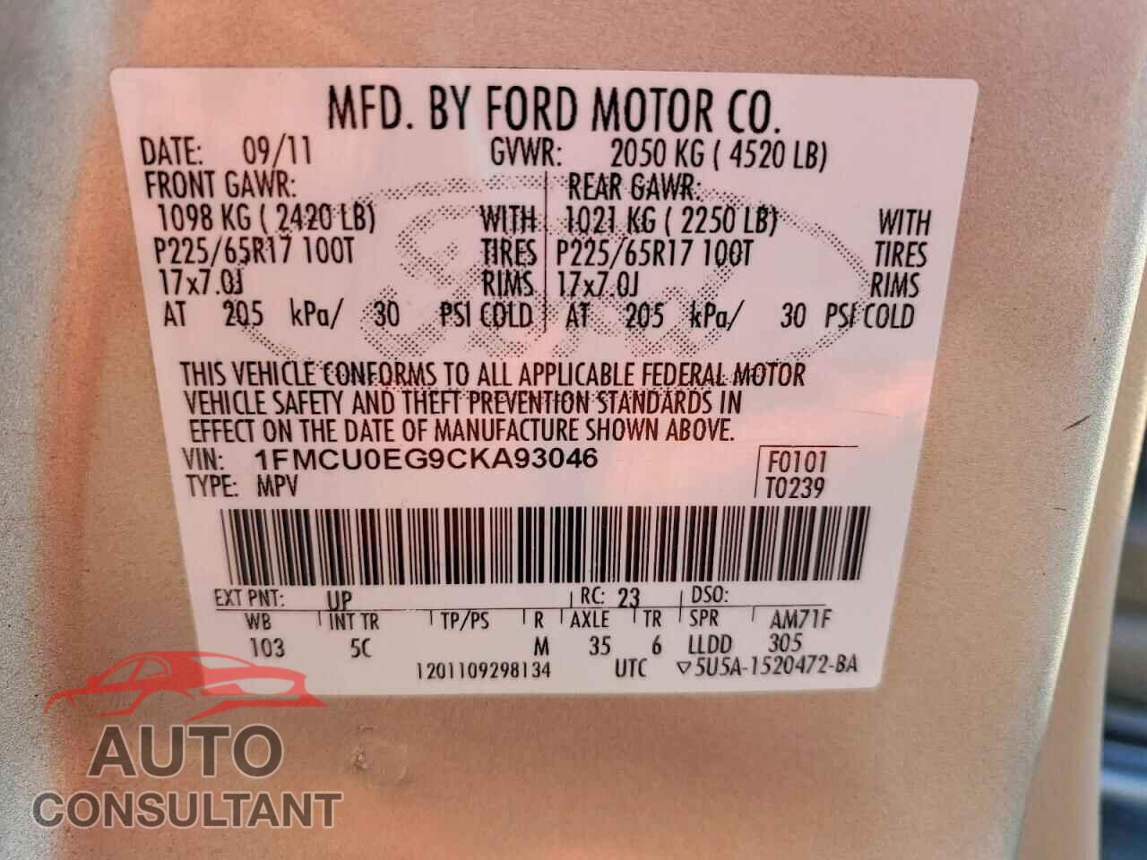 FORD ESCAPE 2012 - 1FMCU0EG9CKA93046