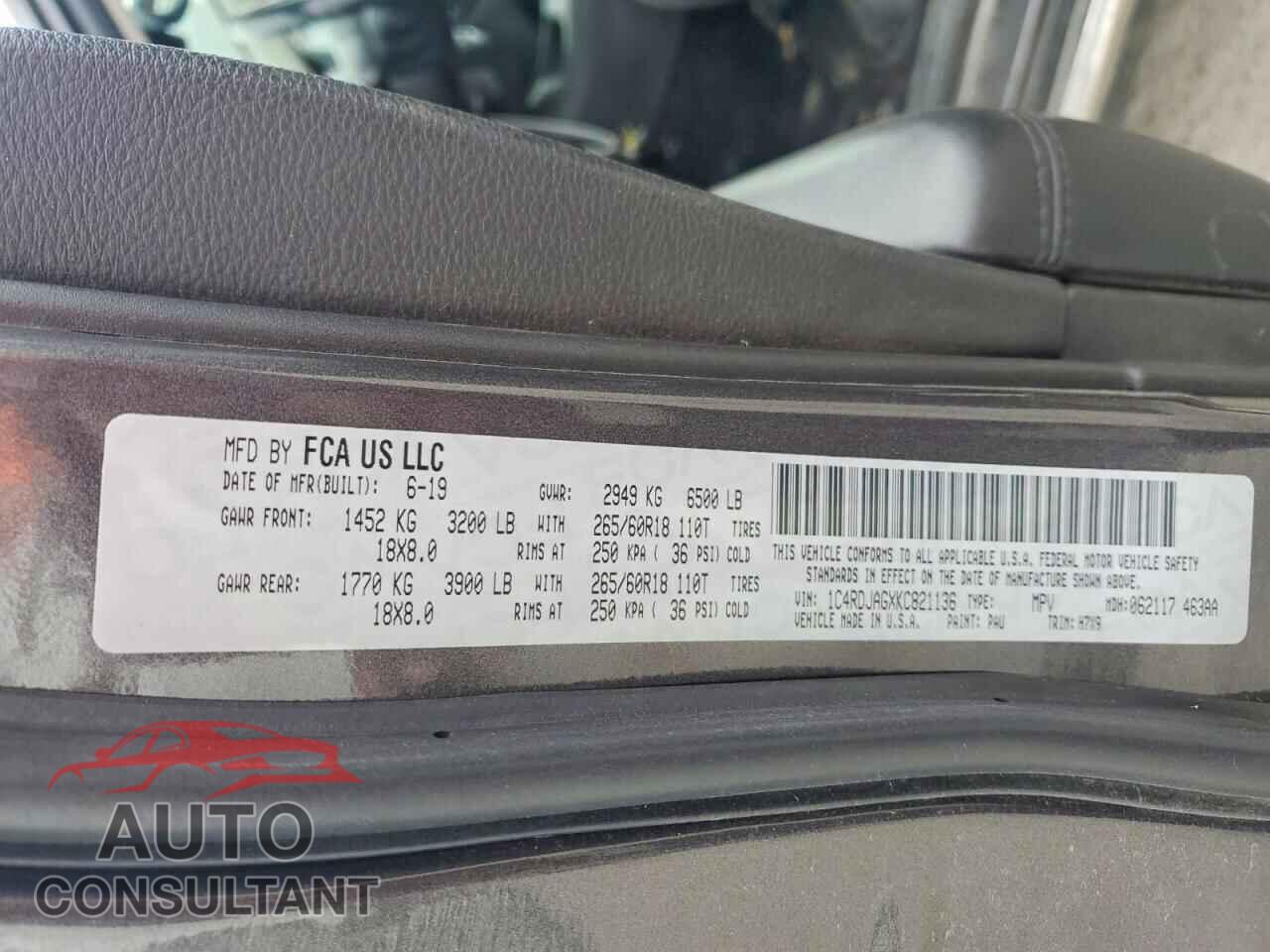 DODGE DURANGO 2019 - 1C4RDJAGXKC821136