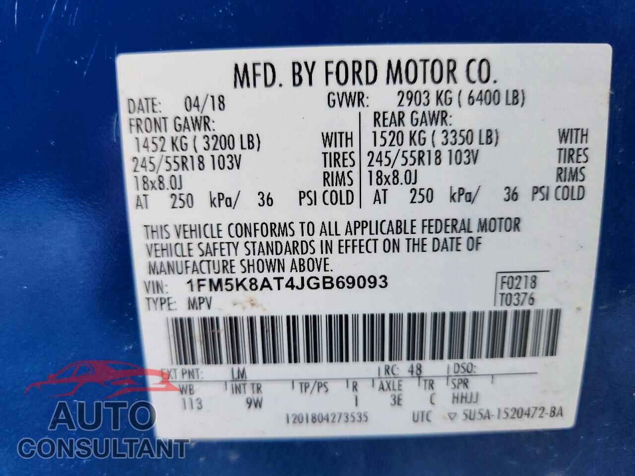 FORD EXPLORER 2018 - 1FM5K8AT4JGB69093
