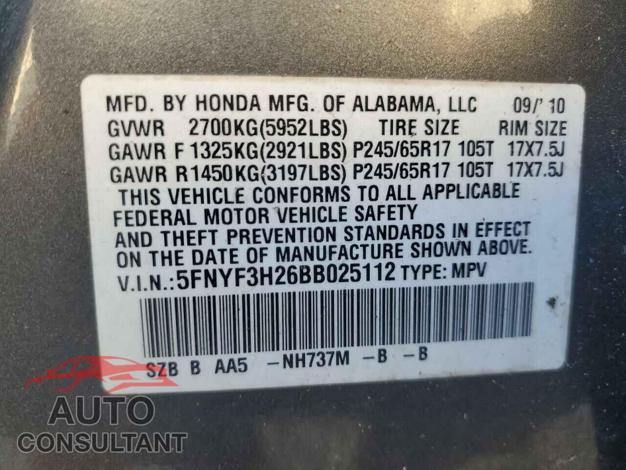 HONDA PILOT 2011 - 5FNYF3H26BB025112