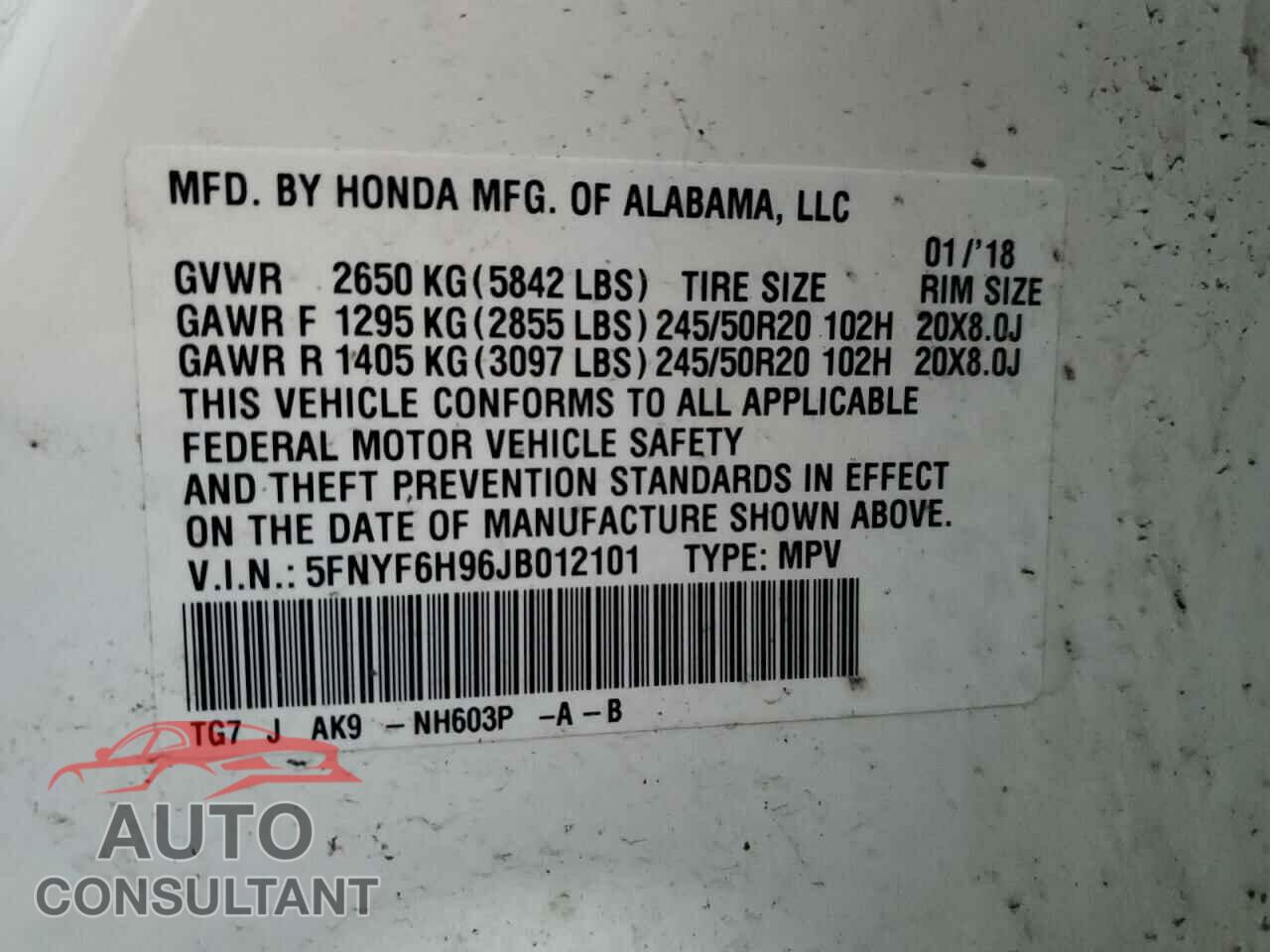 HONDA PILOT 2018 - 5FNYF6H96JB012101