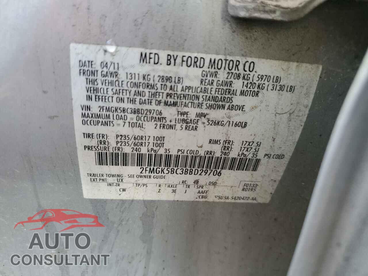 FORD FLEX 2011 - 2FMGK5BC3BBD29706