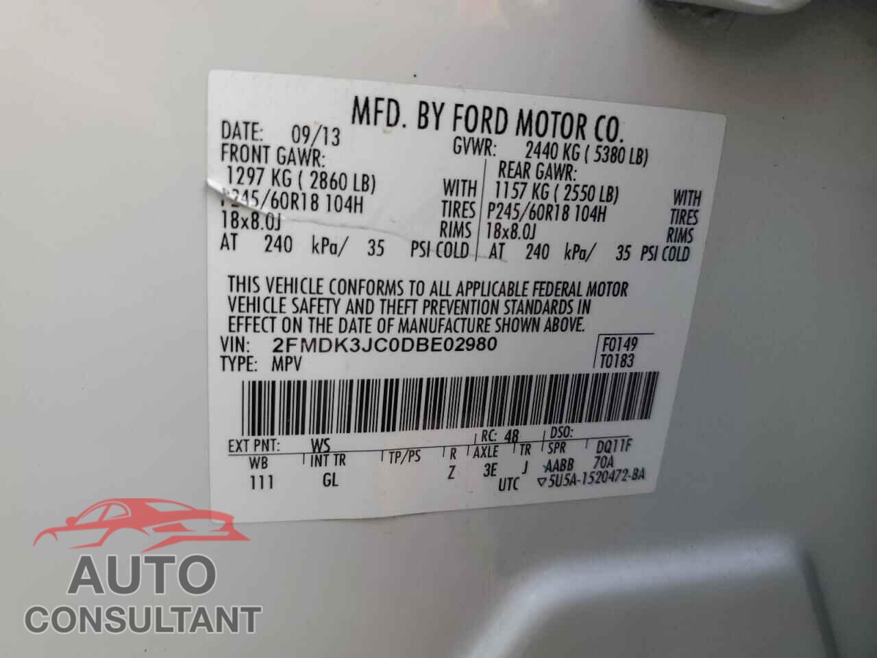 FORD EDGE 2013 - 2FMDK3JC0DBE02980