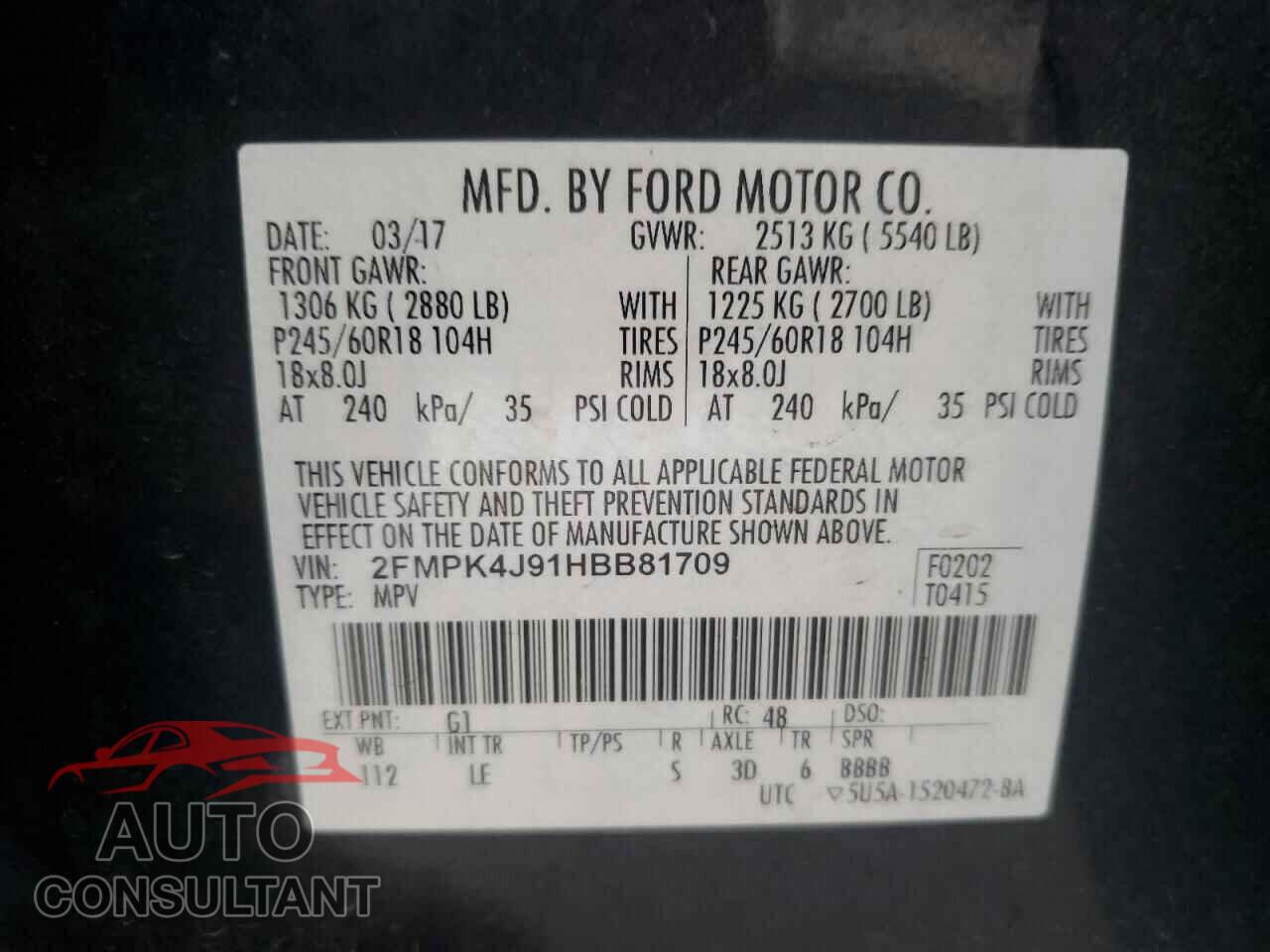 FORD EDGE 2017 - 2FMPK4J91HBB81709