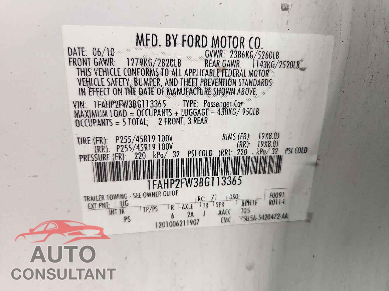 FORD TAURUS 2011 - 1FAHP2FW3BG113365