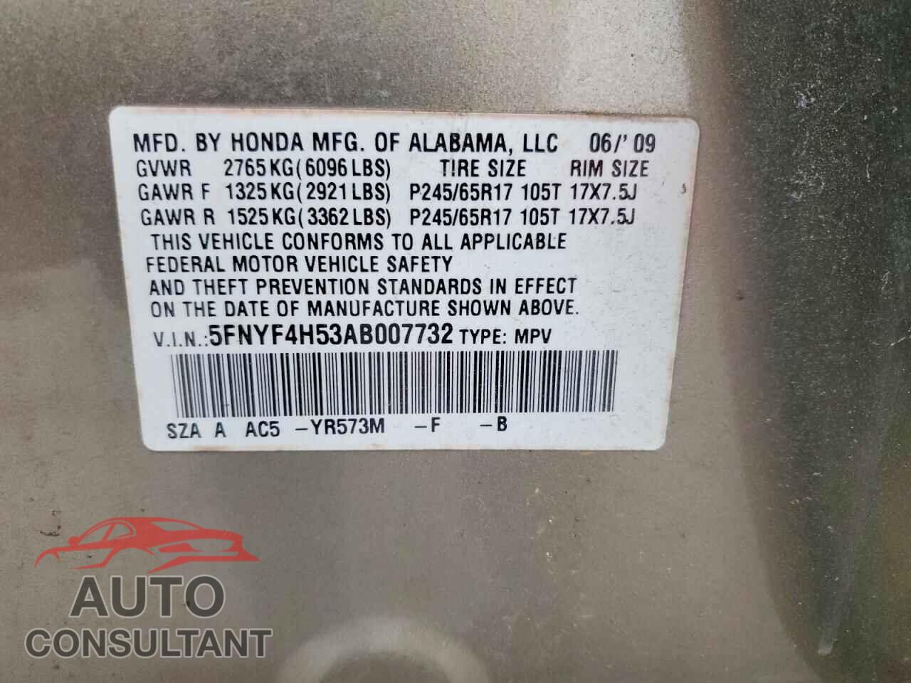 HONDA PILOT 2010 - 5FNYF4H53AB007732