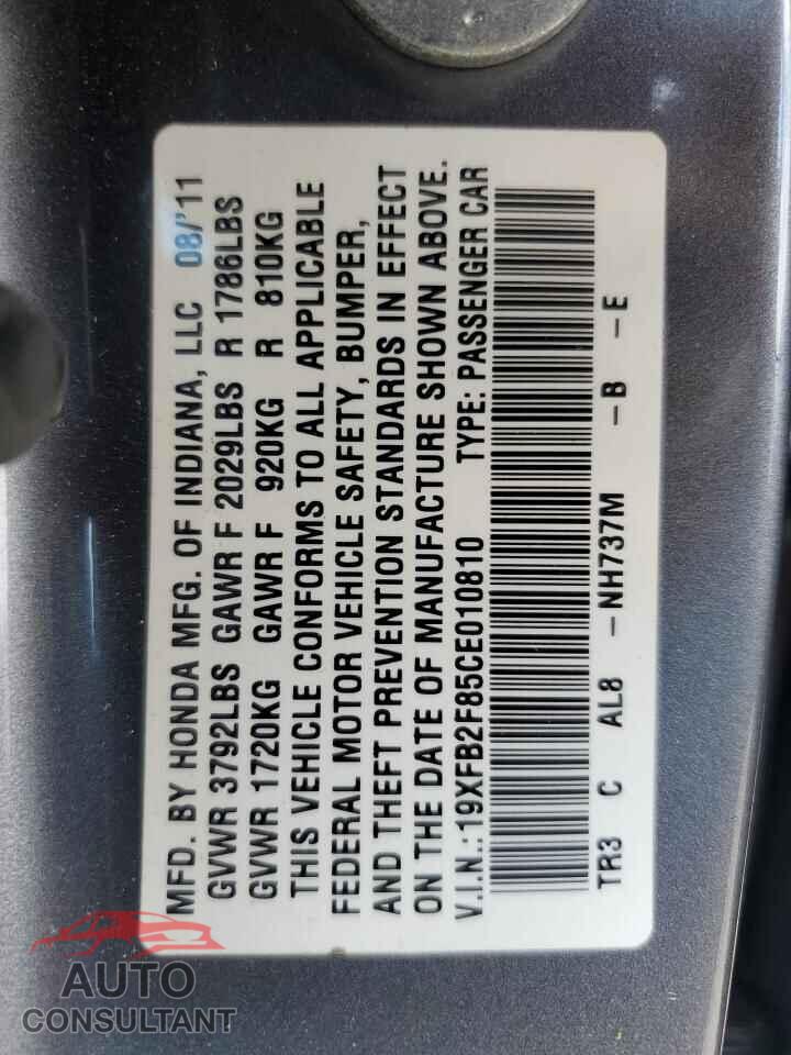 HONDA CIVIC 2012 - 19XFB2F85CE010810