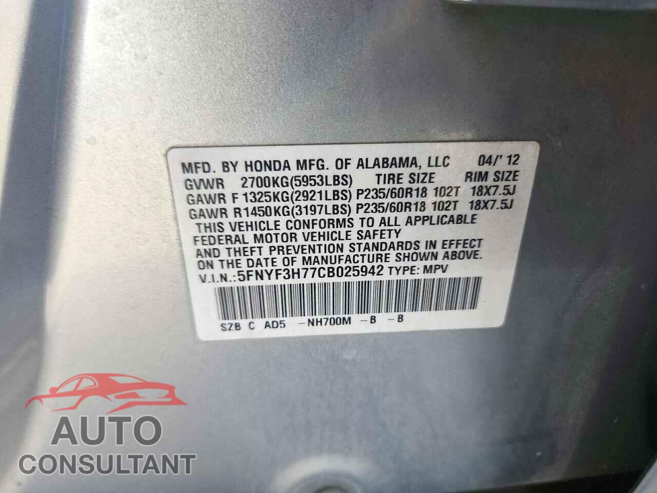 HONDA PILOT 2012 - 5FNYF3H77CB025942