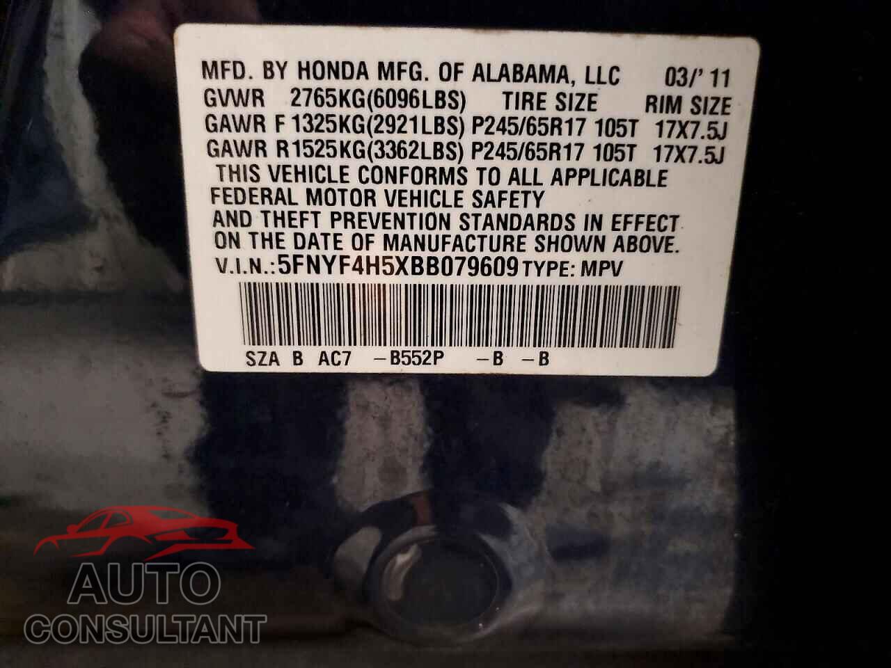 HONDA PILOT 2011 - 5FNYF4H5XBB079609