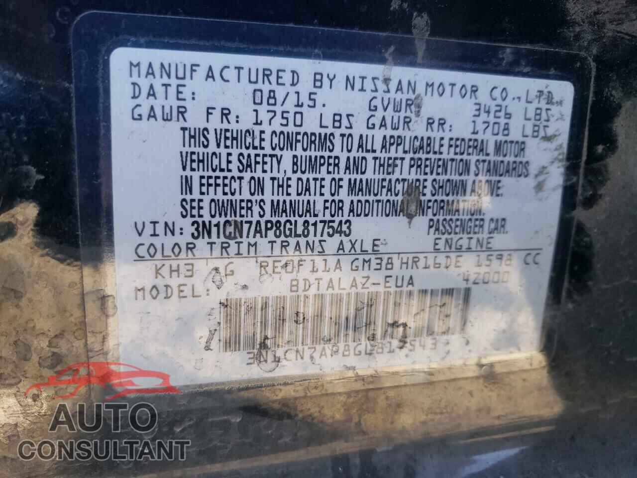 NISSAN VERSA 2016 - 3N1CN7AP8GL817543