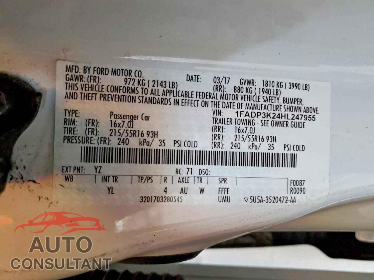 FORD FOCUS 2017 - 1FADP3K24HL247955