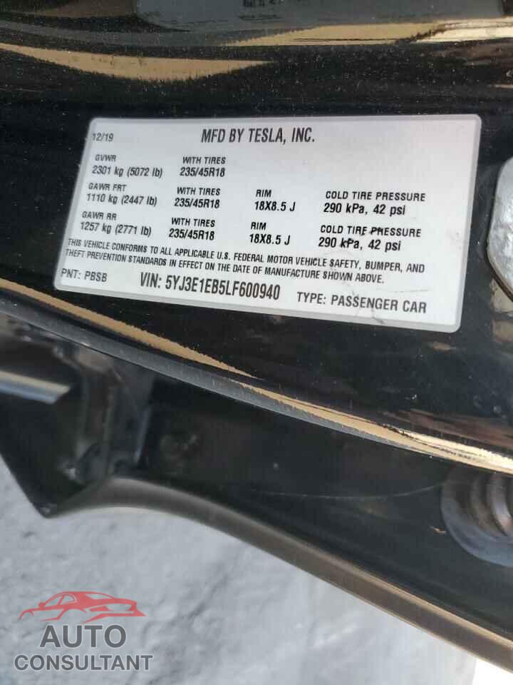 TESLA MODEL 3 2020 - 5YJ3E1EB5LF600940