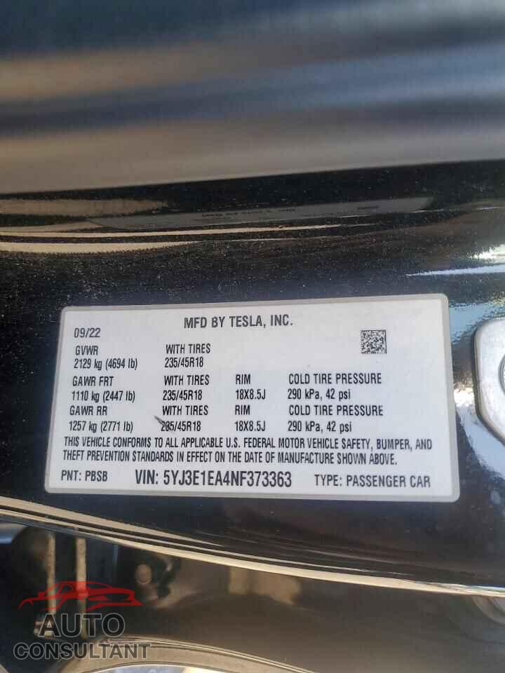TESLA MODEL 3 2022 - 5YJ3E1EA4NF373363
