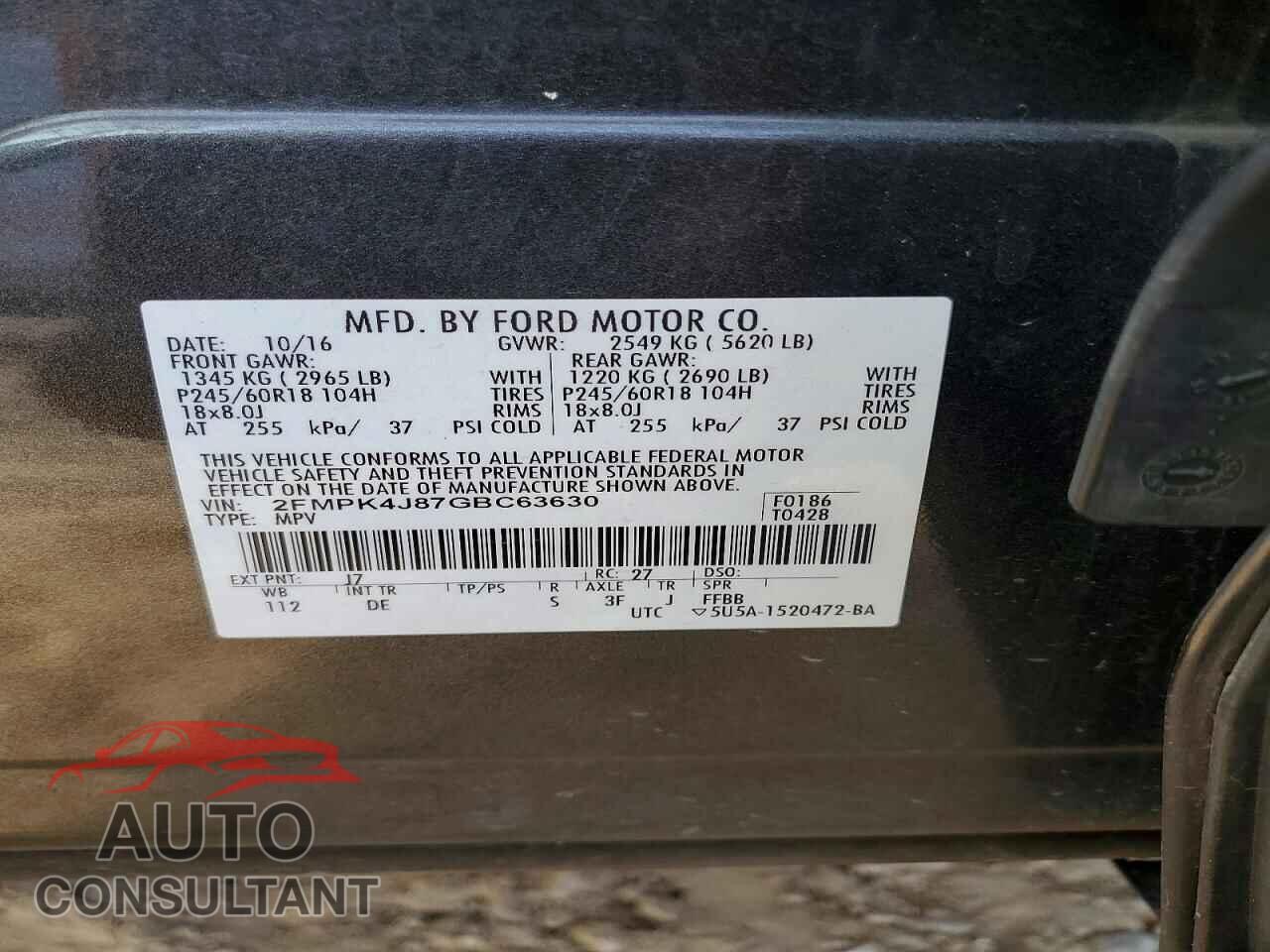 FORD EDGE 2016 - 2FMPK4J87GBC63630