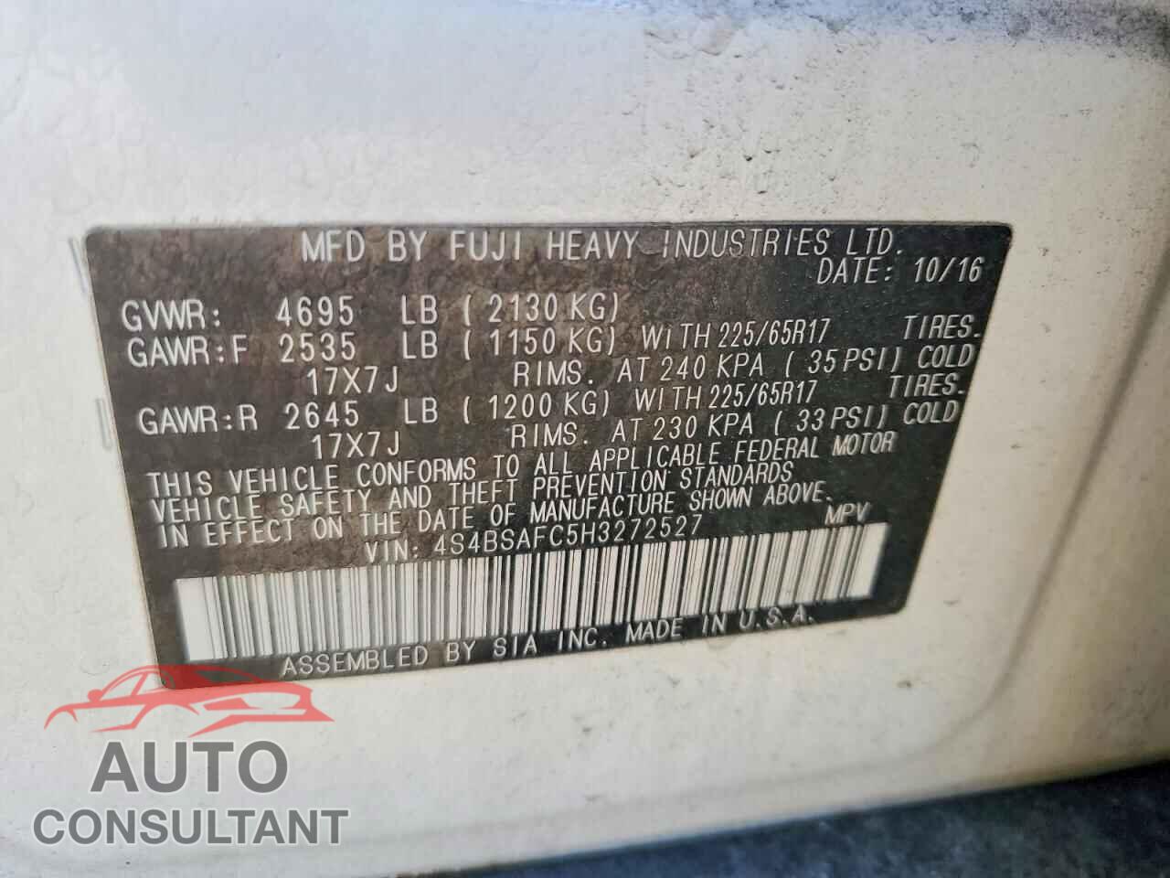 SUBARU OUTBACK 2017 - 4S4BSAFC5H3272527